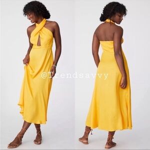 Anthropologie Farm Rio Halter Cutouts Maxi Dress Back Open Yellow Size XS NWT
